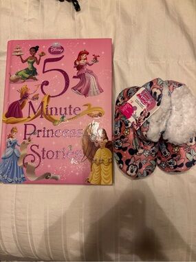 Disney Pink Princess Stories Hardcover Book and Minnie mouse slippers